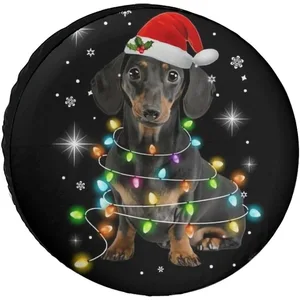 1pc Cute Dachshund Christmas Hat Spare Tire Cover Wheel Protectors Weatherproof Wheel Covers Universal Fit for Car Truck