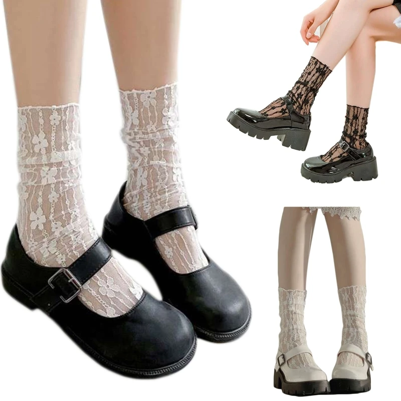 

Summer Floral Jacquard Sweet Lace Tulle Solid Calf Socks Hosiery for Women Girls