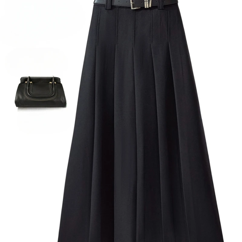 Female Elegant Vintage Pleated Maxi Long Skirt Women with Belt Korean Preppy Style High Waist Slim A-Line Pleated Skirts Q938