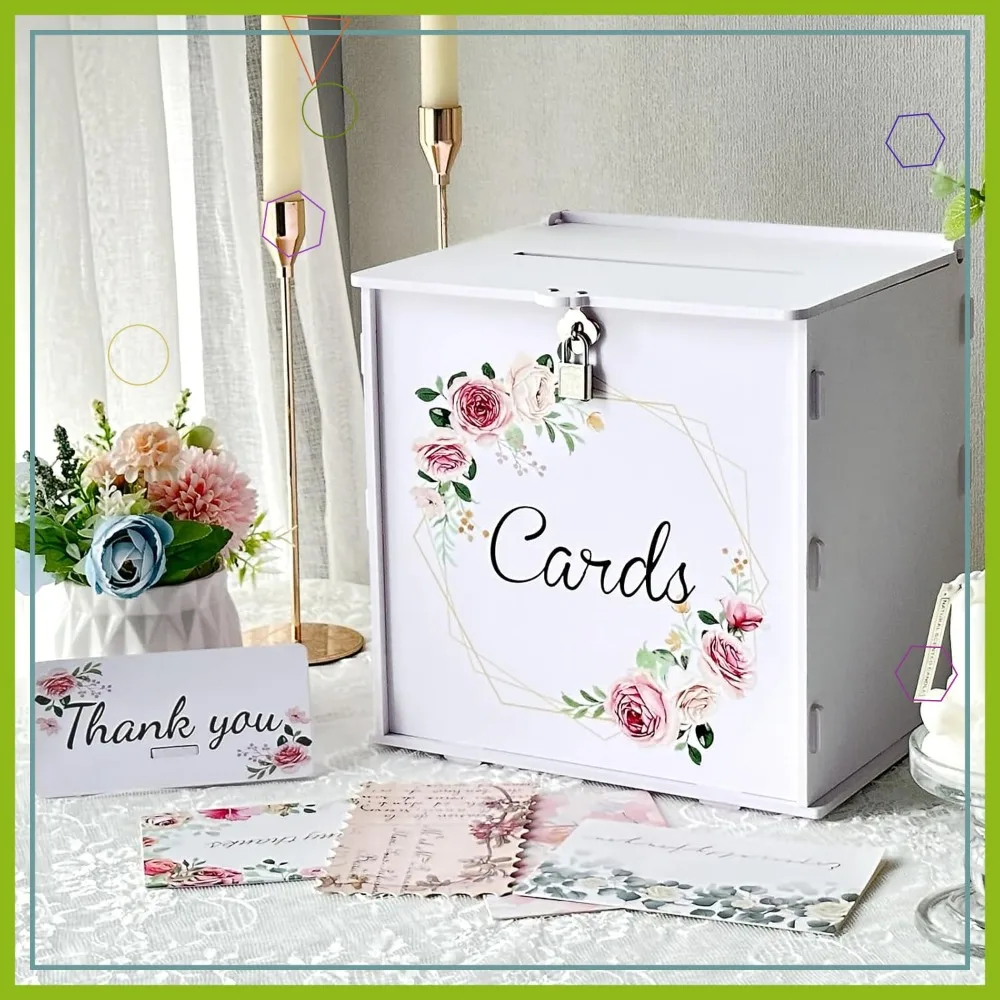 DIY White Wedding Card Box with Lock, Pink Rose Money Envelope Box for Reception Party Graduation Birthday Baby Shower Decor