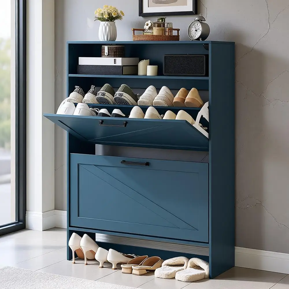 

Narrow Blue Shoe Storage Cabinet with Legs and Open Shelves for Entryway or Hallway