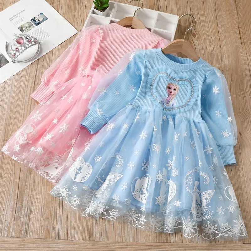 New Disney Princess Dress Baby Girls Dress Kids Dress Elsa Anna Gauze Party Long-sleeved For Children\'s Frozen Formal Dress 2-8Y