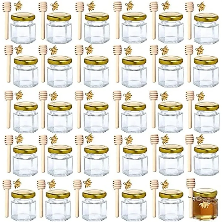 

1.5 oz Hexagon Mini Glass Honey Jars 30Pack Honey Jars with Wood Dipper Gold Lid Bee Pendants Jutes Perfect for Baby Shower Wed