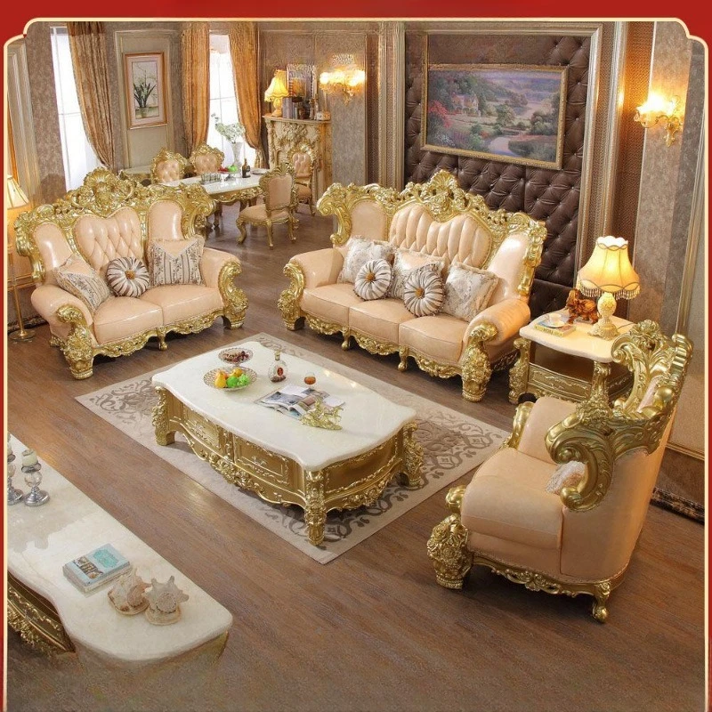 European solid wood leather sofa 123 combination living room luxury large apartment