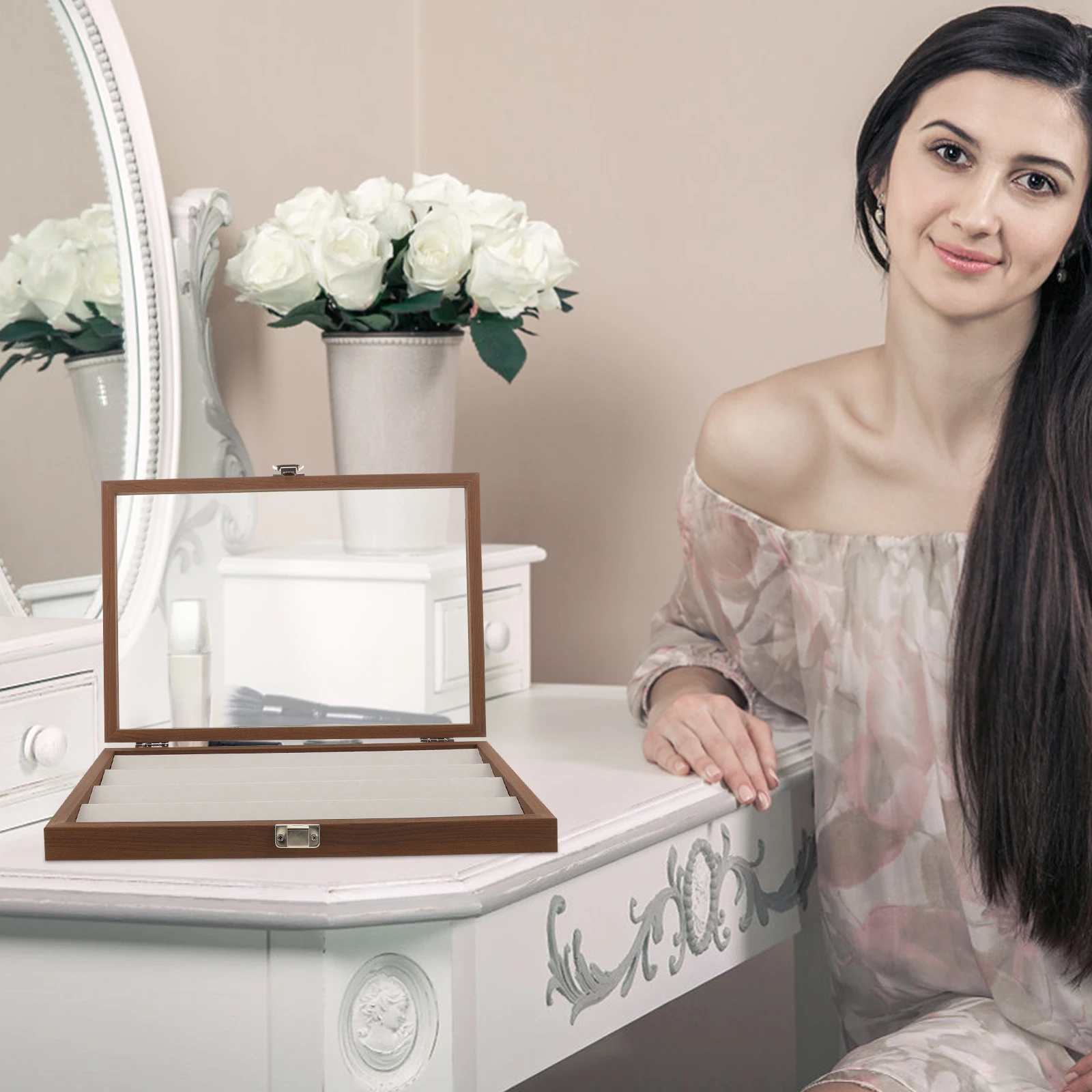 

Jewelry Storage Box Ring Earring Wood Case Khaki Silver High end Lock Display Durable ganizer Wooden Box Collection Container