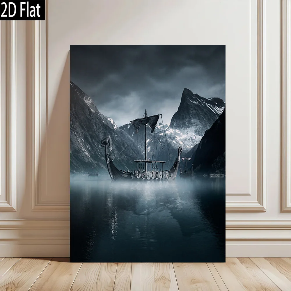 2D Flat, 2D Flat 1pc Viking Longship in Misty Fjord Gift Ready Frameless Canvas Wall Art Modern Retro Poster for Home Office