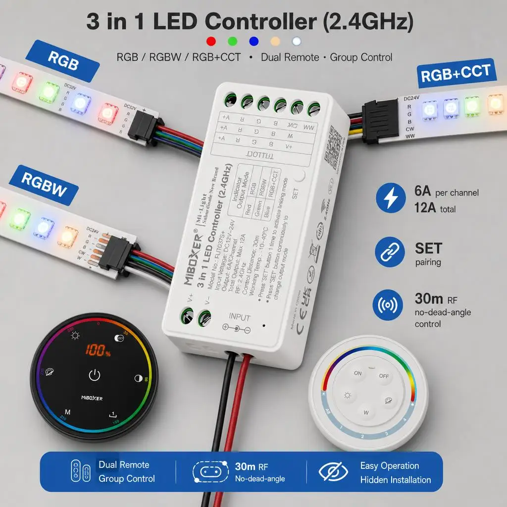 MiBoxer DC12-24V S2 S2W+ K6  FUT037S+ Smart PWM 3In1 2.4GHzRF RGB RGBW RGB+CCT COB Led Strip Light Dimmer Controller