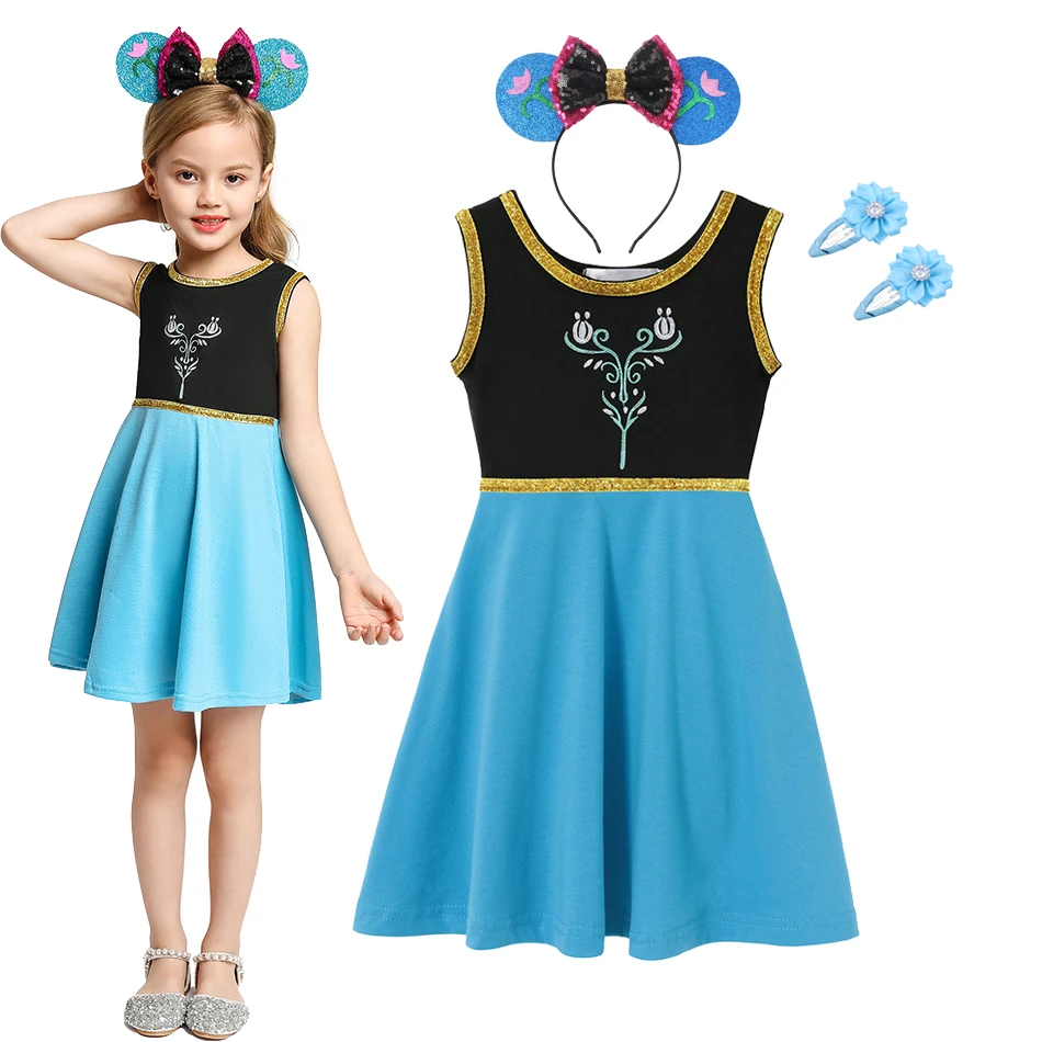 Disney Girls Princess Dress Mickey Mouse Frozen Elsa Clothes Kids Cotton Carnival Birthday Moana Children Costume For 1-7 Years