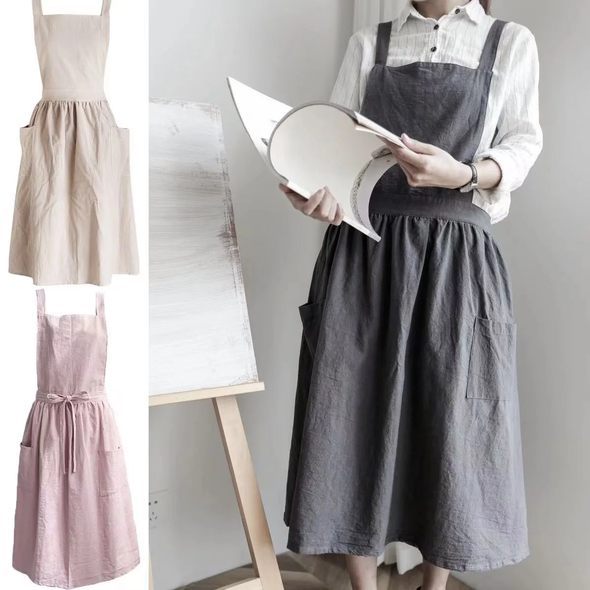 Vintage Women Lady Linen Cross Cotton Linen Japanese Style Sleeveless Pinafore Home Coffee Cooking Florist Aprons Casual Dress