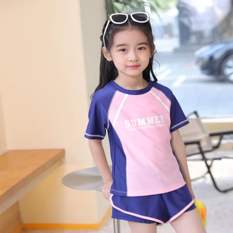 Girls Swimsuit 2 Piece Sets Summer Beach Breathable Bathing Suit Short Sleeve Swimwear with Swimming Trunks