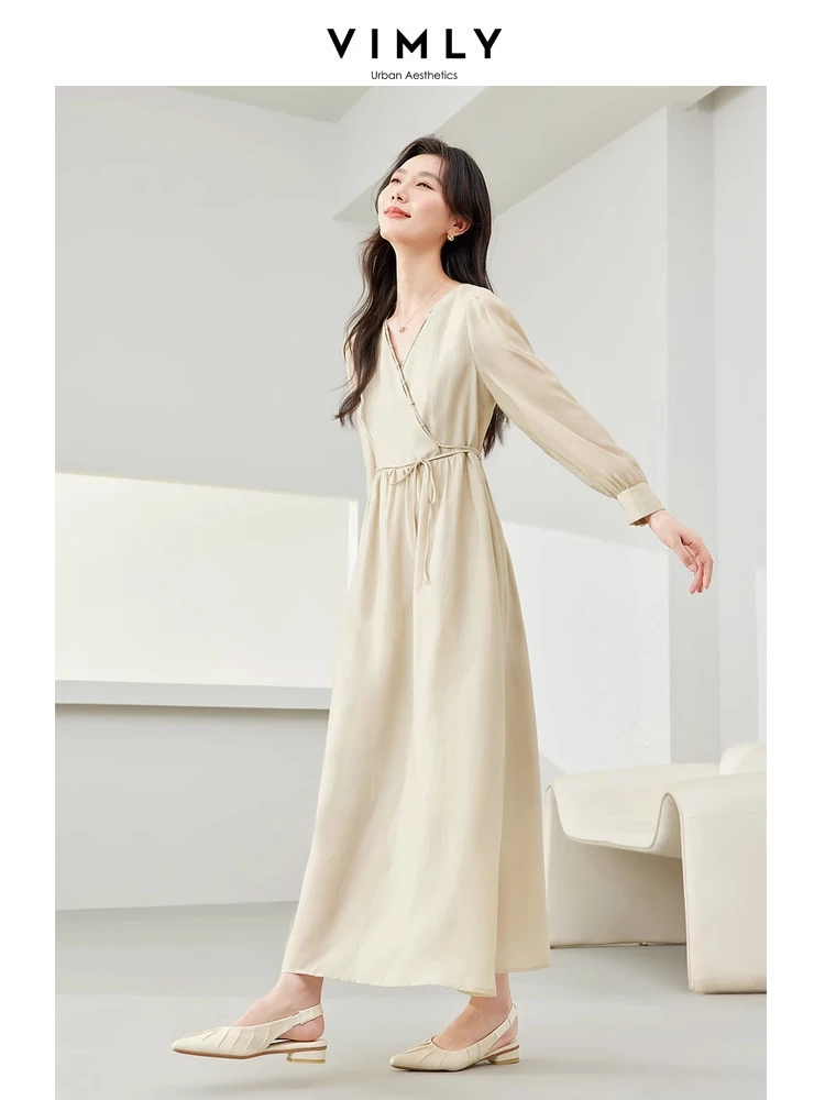 Vimly Elegant Maxi Dress 2024 Spring Light Khaki French Style V-neck Puff Sleeve Lyocell Tie Belt A-line Long Wrap Dresses M5808