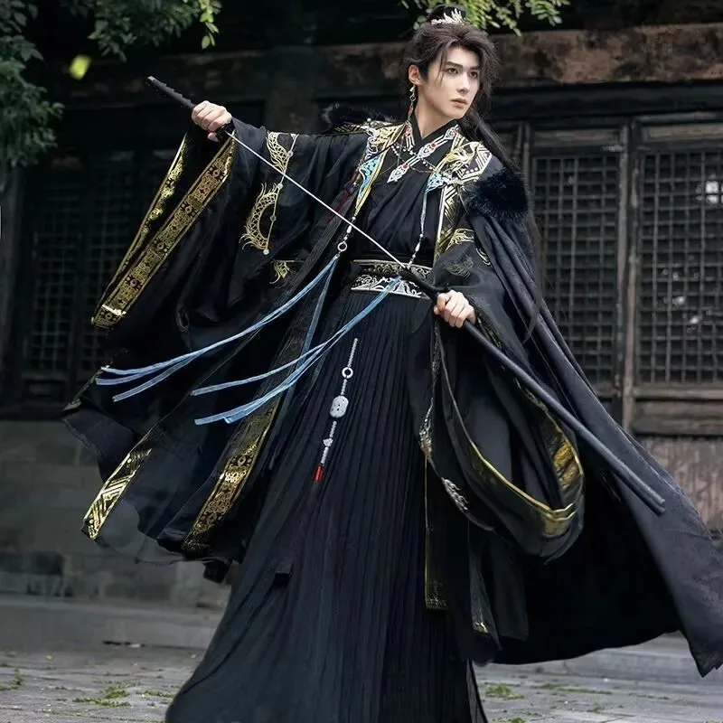 

Chinese Hanfu Men and Women Black and White Embroidery Tang Suit Halloween Carnival Cosplay Party Costume