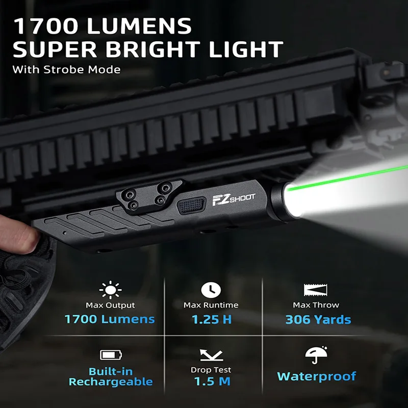 

1700 Lumens Laser Light Combo Flashlight with Green Laser Strobe Mode Rechargeable Compatible with Picatinny and ML-Rail