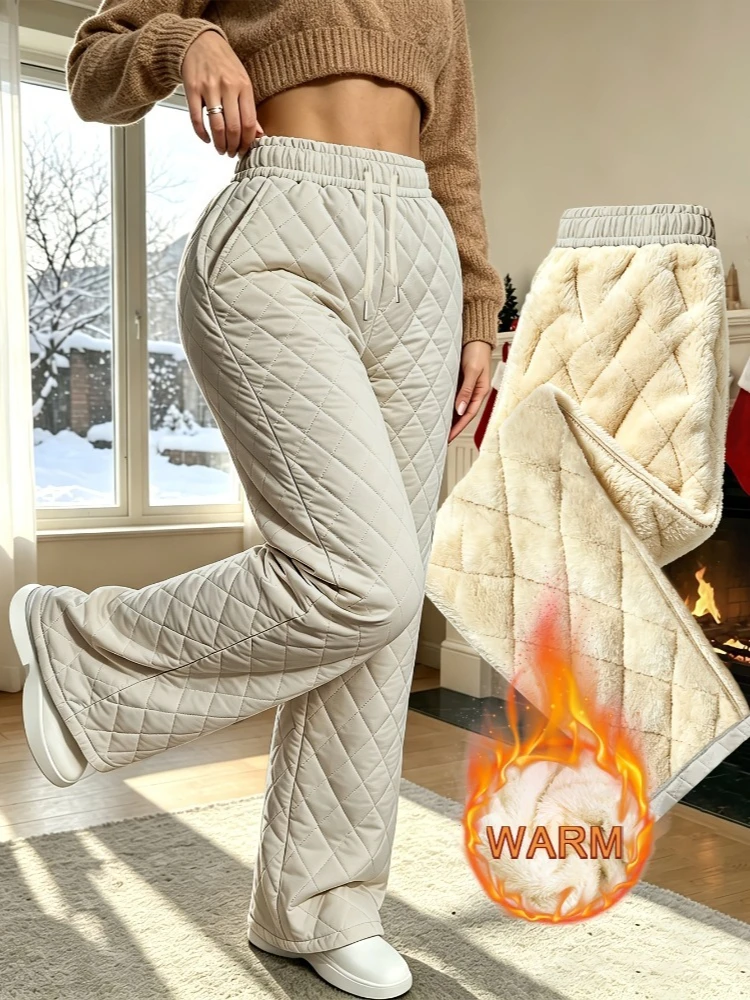 Women's Winter Trendy Fashion Quilted Rhombus Plush-Lined Thickened Pants Draping Outer Wear Cold-Proof Casual Long Pants 2026
