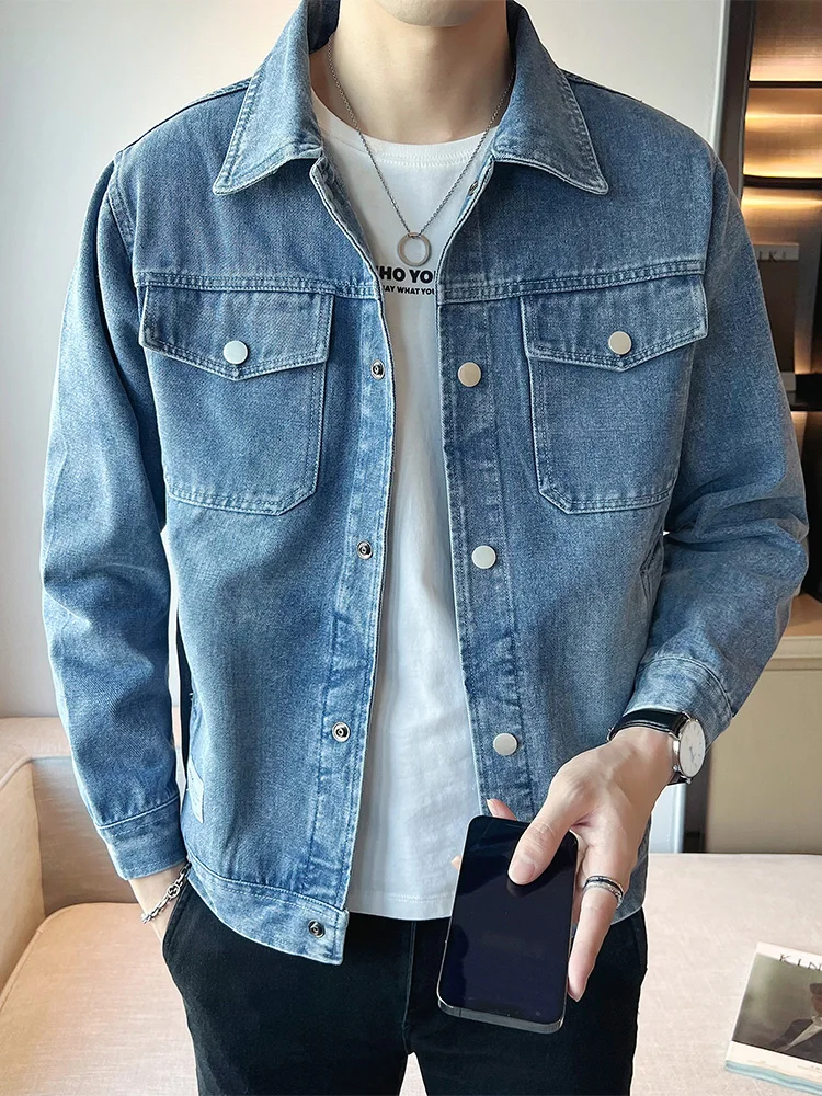 

Мужские джинсовые куртки с 6 карманами, корейская мода, черный, синий, приталенный крой, повседневное джинсовое пальто-карго, осень 2024, новинка для повседневной одежды