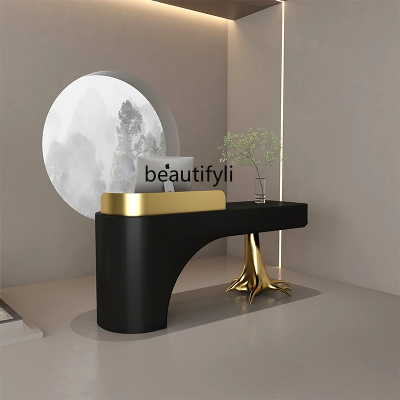 Black light luxury clothing store checkout page high-end beauty salon clubhouse front desk studio reception desk counter