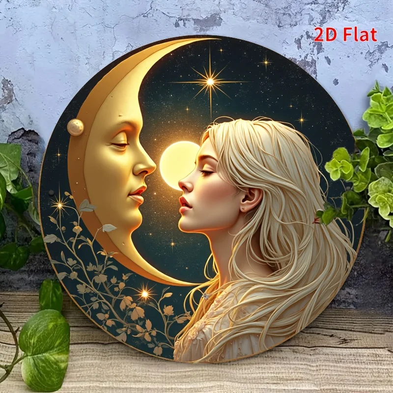 1pc Funny & Satirical Metal Tin Sign - Woman & Golden Crescent Moon Starry Night Wall Art - 20x20 Circular Aluminum Poster for H
