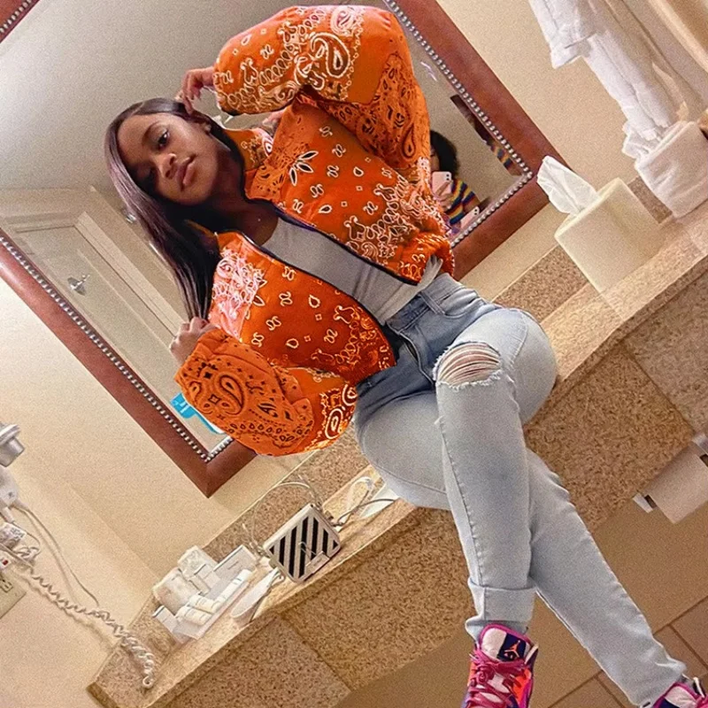 Y2k Casual Print Puffer Bandana Jacket Winter Coat for Women Warm Fashion Clothing Streetwear Crop Parka Puffer Bubble Coat