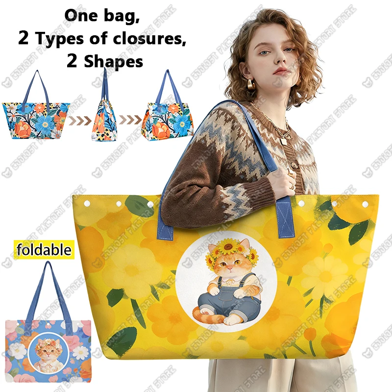 

Cute Cat Avatar with Floral Backdrop Graphic Shoulder Bag Women Handbag Large Capacity Storage Bags for Travel Ladies Beach Bag