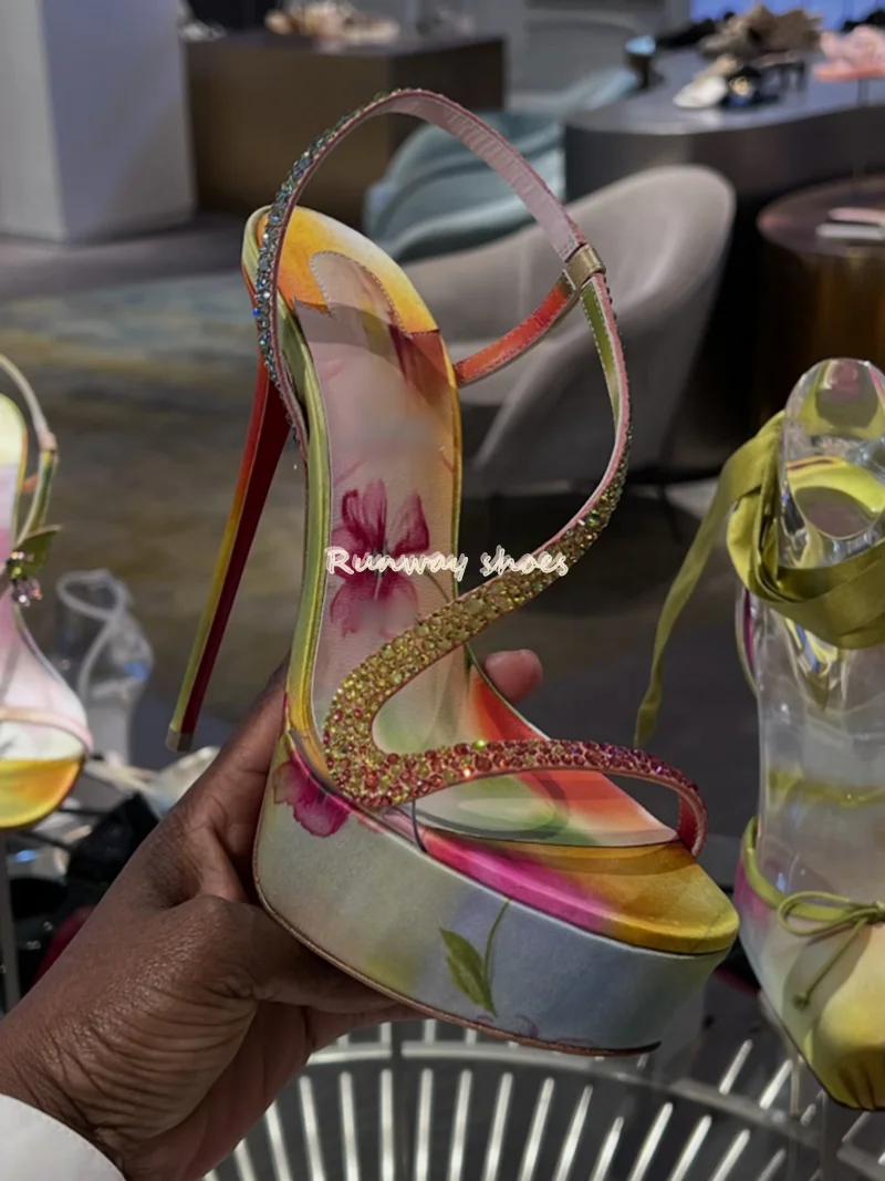 Color Water Proof Thick Bottom Instep One-Strip S-shaped Fixed Luxury Sandals Color Satin Fabric Rhinestone Decoration High Heel