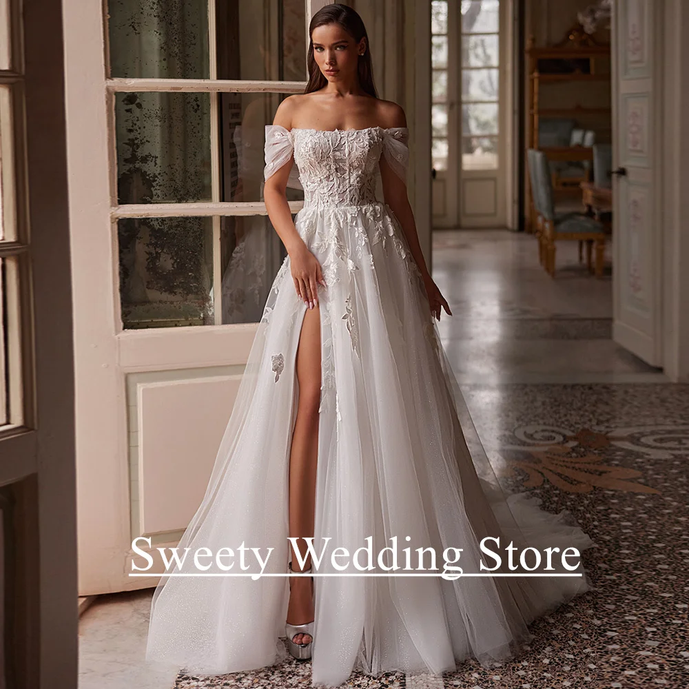 Sexy Boho Wedding Dress Customized Off The Shoulder Boat Neck See Through Applique Split Sweep Train Corset Bridal Gowns