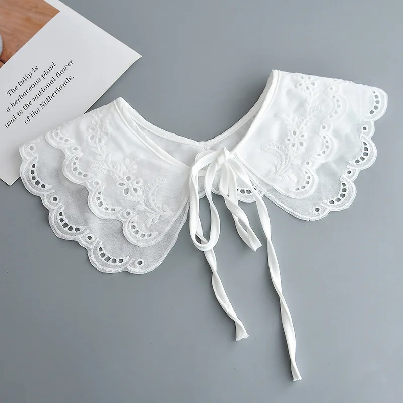 Women's White Embroidered Fake Collar, Double Layered Doll Neck, Fashionable Decorative Shawl with Shoulder Straps image 4