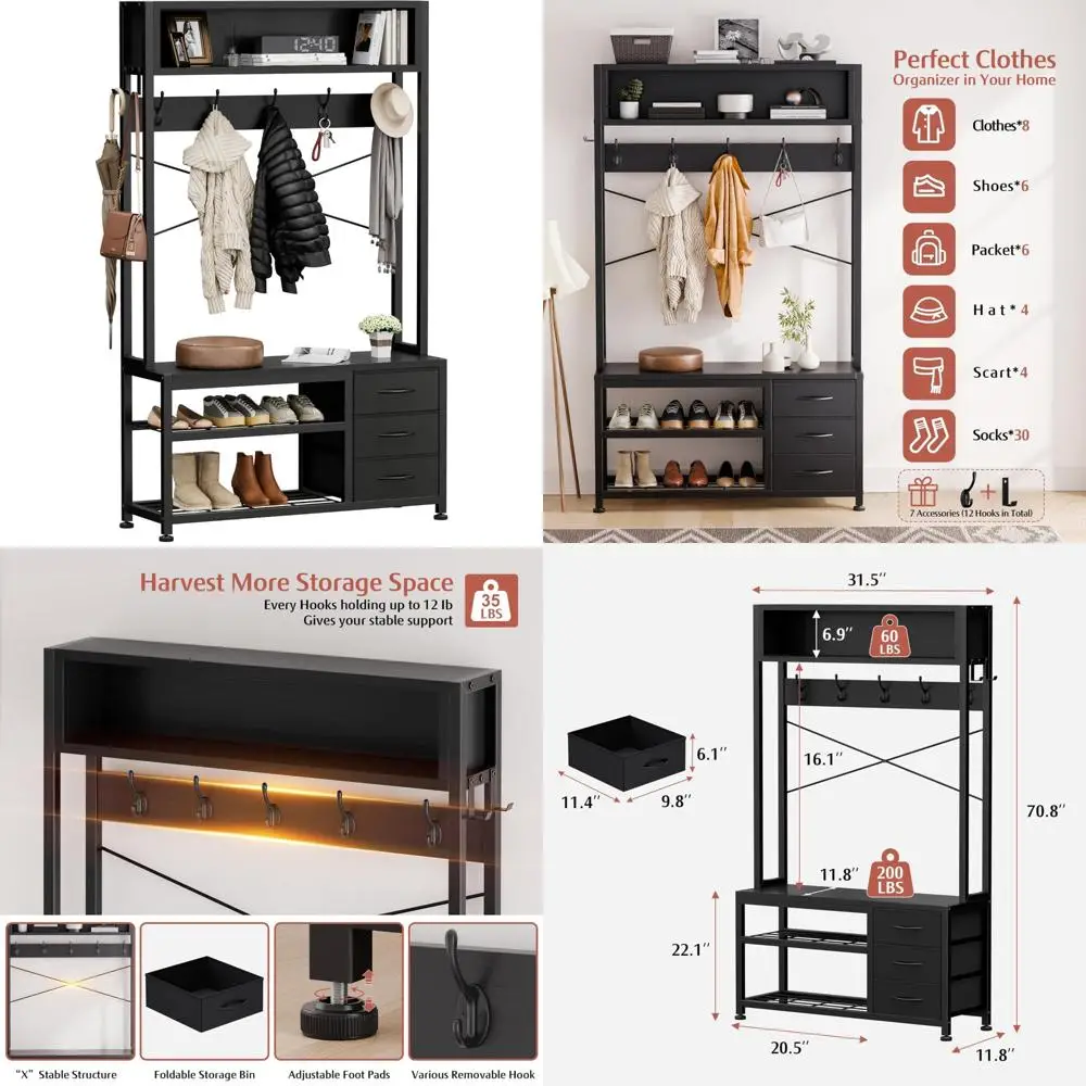 

Freestanding 31.5-inch Coat Rack with Bench and Shoe Storage, 6-in-1 Entryway Bench, 2-Tier Storage Shelf for Coats and Accessor