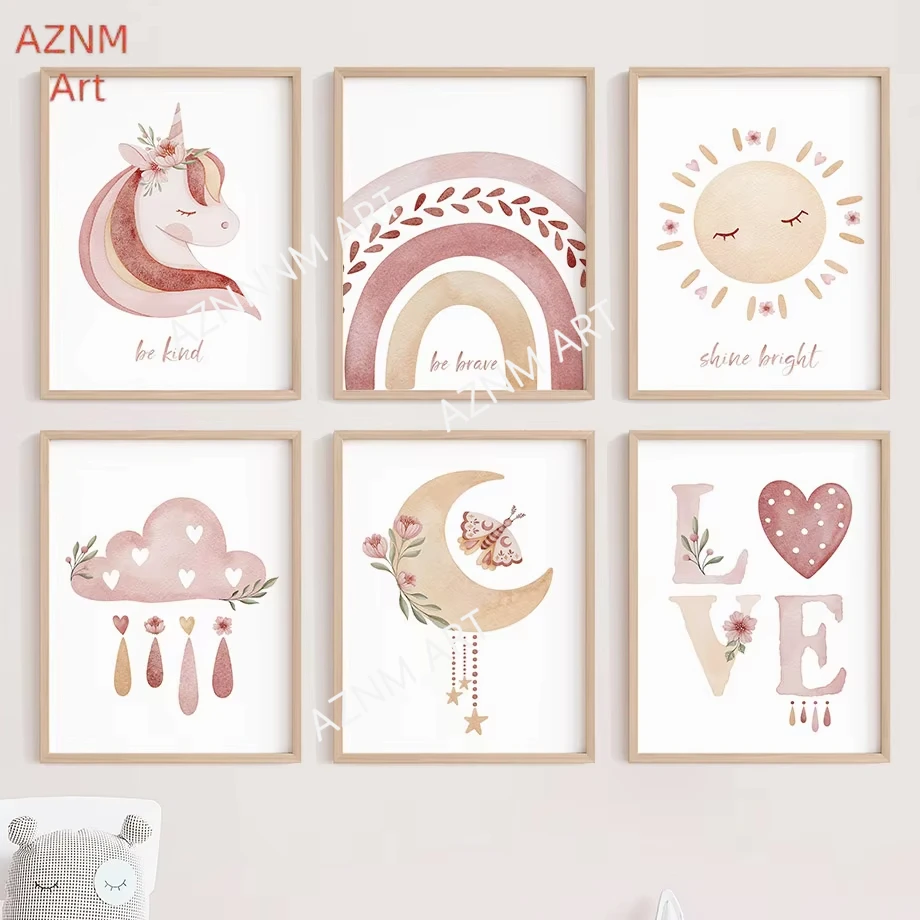 Watercolor Unicorn Sun Moon Rainbow Cloud Wall Art Canvas Painting Cartoon Posters And Prints Pictures Girl Kids Room Home Decor