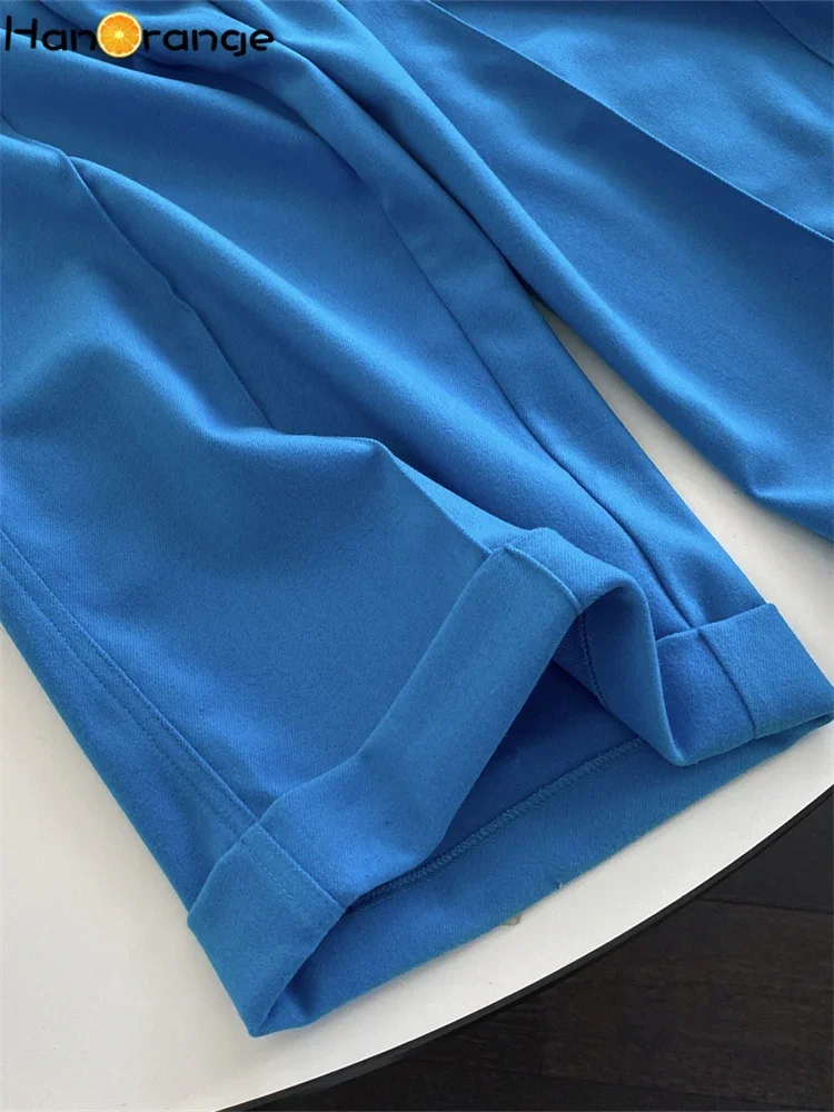 HanOrange 2025 Winter Niche Vintage Fashion Loose Straight Stitched Curly Pants Women Thickened Trousers Female Black/Sky Blue