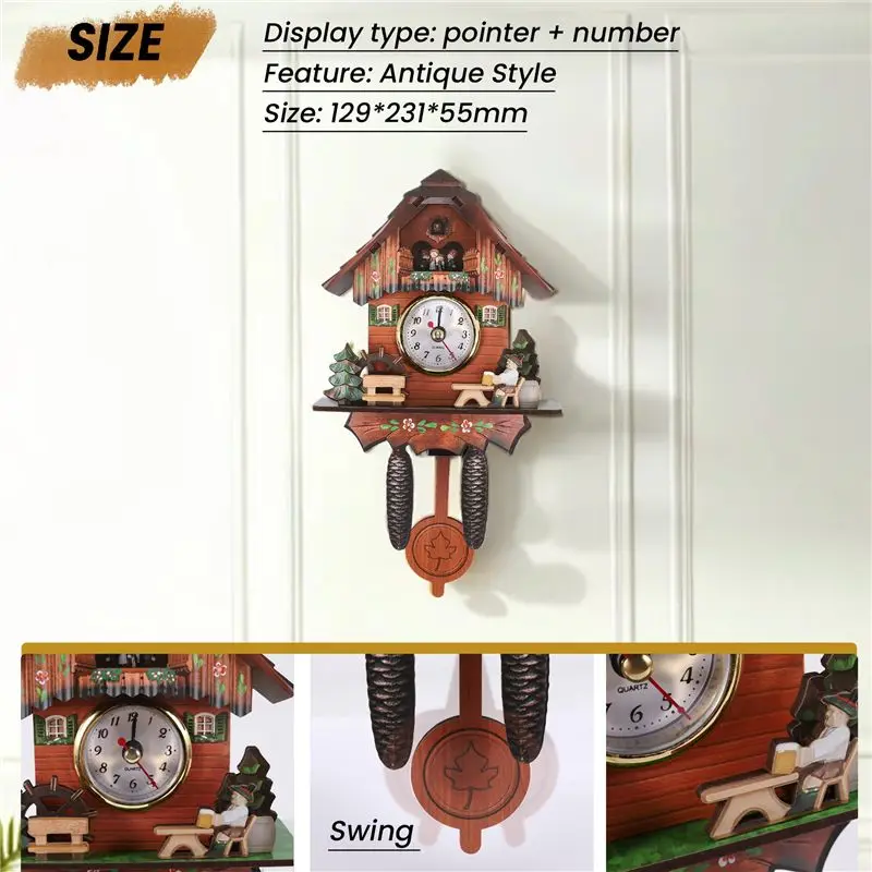 [B17B!】 Antique Wooden Cuckoo Wall Clock Bird Time Bell Swing Alarm Watch Home Art Decor