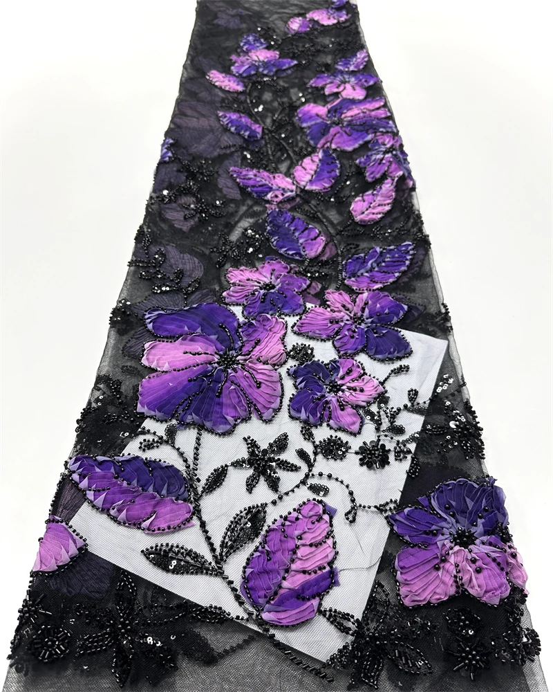 

African Lace Fabric High Quality French 3D Flower Sequins Embroidery Beads Tulle Lace Fabric For Party Dress