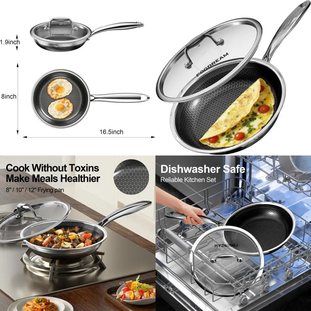 

8. Сковорода с антипригарным покрытием, сковорода из нержавеющей стали с крышкой, трехслойная конструкция для всех варочных панелей, можно мыть в посудомоечной машине и в духовке, прохладает.