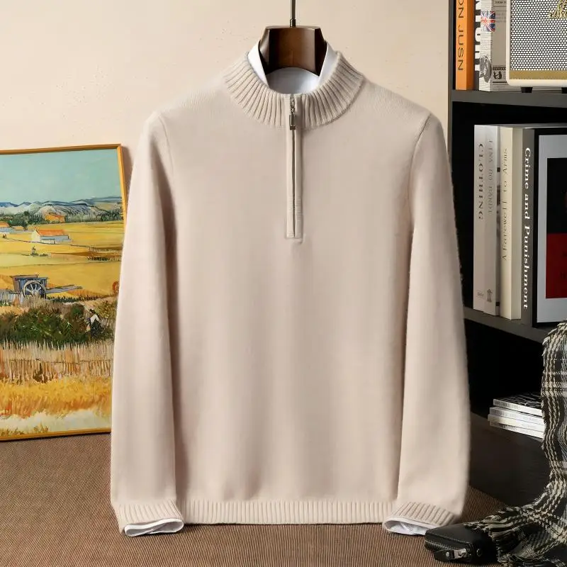 Men's Thick Knitted Sweater Autumn Winter 100% Pure Cashmere Half High Collar Zippered Large Size Flat Long Sleeve Sweater Male