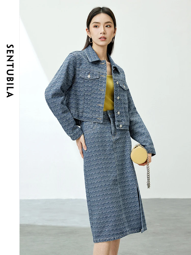 Sentubila elegante jacquard denim saia terno para as mulheres moda curto primavera jaqueta reta fenda lateral midi saia de duas peças conjuntos