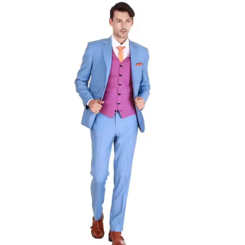

3-piece light blue suit, men's slim fit business wedding jacket, ball dress (jacket+vest+pants)