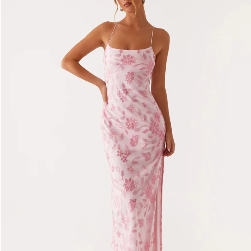 

Sequined Embroidered Suspender Sexy Backless Long Dress Women's Clothes Elegant Print Summer Blue Pink Party Birthday Club Skirt