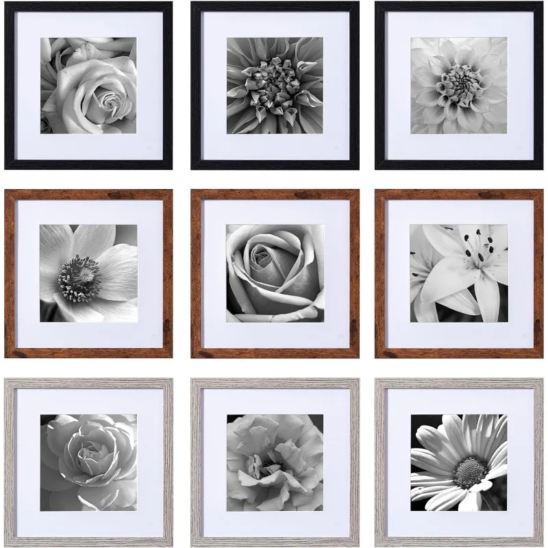 

12x12 Picture Frames Set of 9 in 3 Colors, Farmhouse Gallery Wall Frame Set Displays 8x8 Photo or 12x12 No Mat