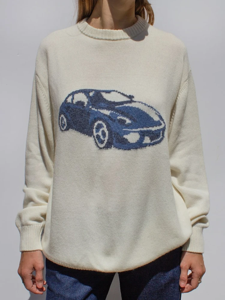 Elegant Sports Car Print Knitted Pullover Women Casual Round Neck Long Sleeves Warm Sweater New Autumn Lady Streetwear ﻿