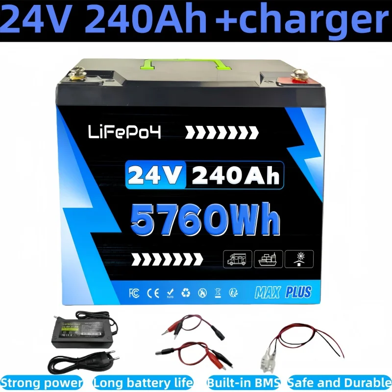 LiFePO4 Battery 24V 240Ah with Built-in BMS, ⚡8000+ Cycles, Perfect,RVs, Off-Road Trips, Marine Vessels for Solar Power Systems