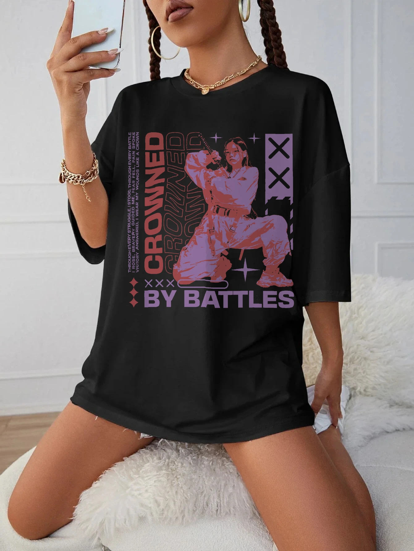 

CROWNED Comfortable and Soft Black Round Neck T-Shirt for Women Plus Size Autumn Clothes Perfect Halloween Holiday Top