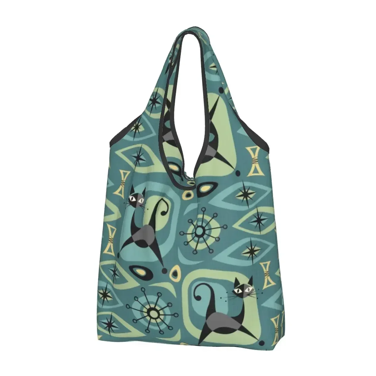 Mid Century Cat Abstract Grocery Shopping Bag Fashion Shopper Tote Shoulder  Large Capacity Portable Fifties Handbag