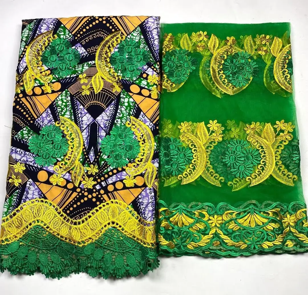 

2025 Nigerian 5y Lace Wax+2 yards Print African Fabrics High Quality for Patchwork New Style Fabric for Clothing Home Decor 3C11