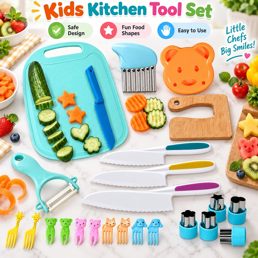  Kitchen Tools for Toddlers Kids Real Cooking Cutter Plastic Safe Knives Kit Food Fruit Peeler Bread DIY Cooking Accessories