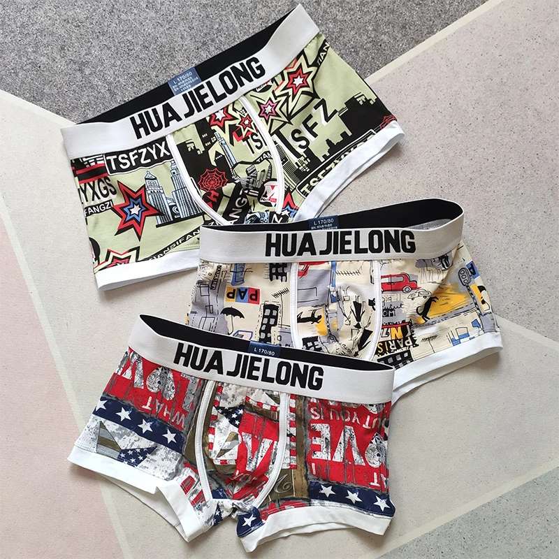 3pcs/lot Men's Cotton Cartoon Print Mid Rise Boxer Pants Personalized Youth Trend Comfortable and Breathable Boxers