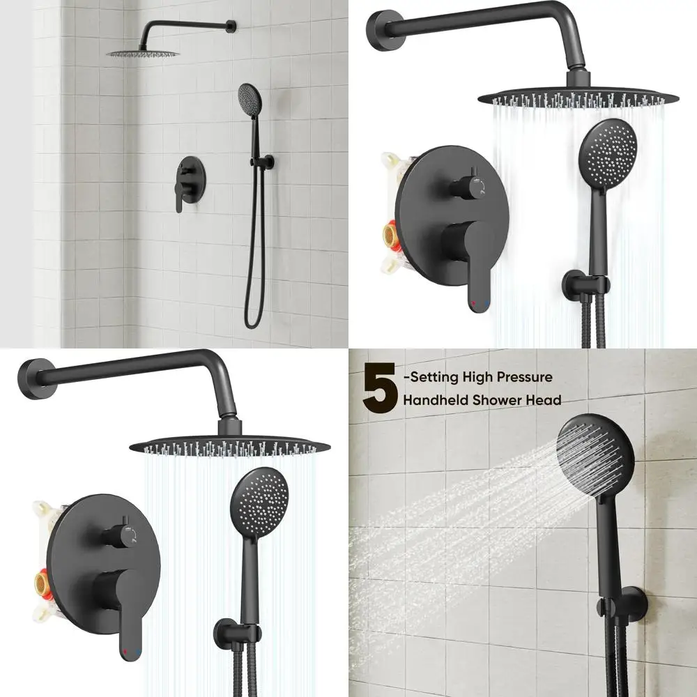 

12 Matte Black Stainless Steel Rainfall Shower System with 5-Function Handheld Combo