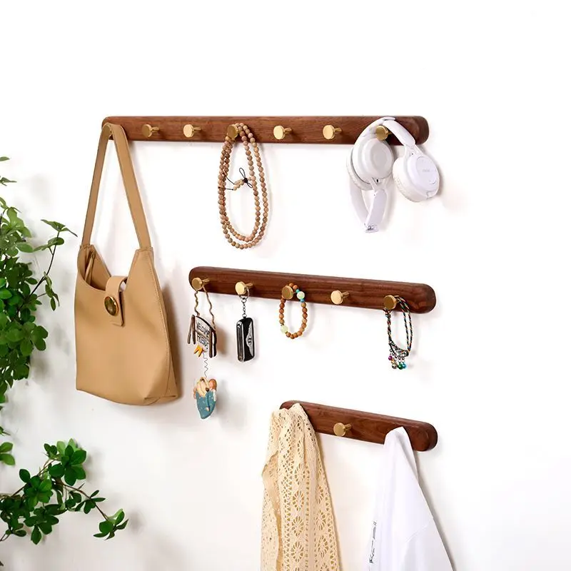 Black Walnut Solid Wood Brass Clothes Hook Entrance Foyer Coat Racks Wall Hanging Scarf Hats Keys Storage Shelf Furniture Decor image 4