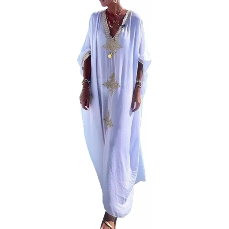 

Gold Embroidery Long Kaftan Dresses V Neck Caftan Dress Beach Cover Ups for Women Embroidery
