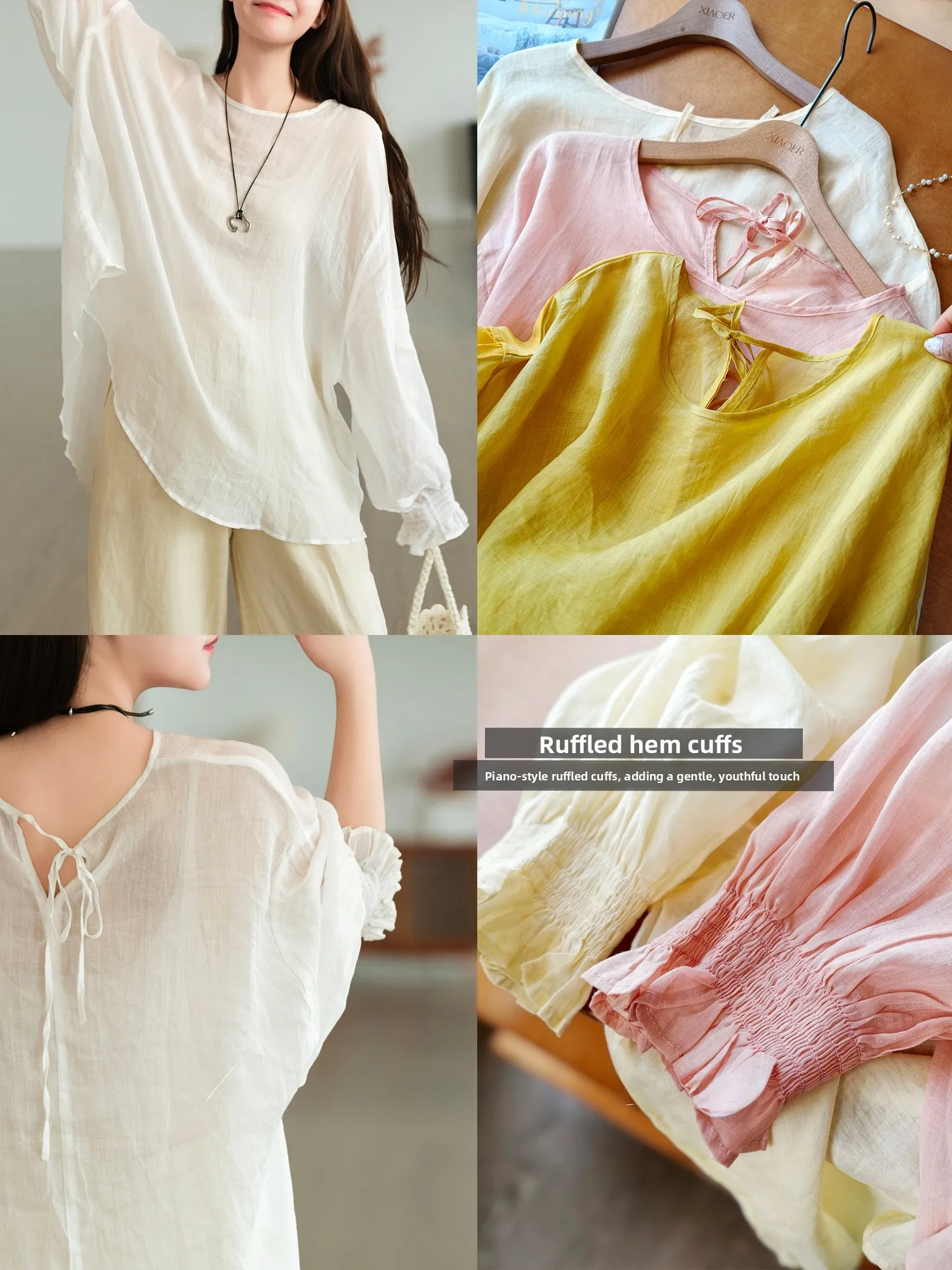 Pure Color Loose Fit Lantern Sleeve Pleated Wooden  Ear T-Shirt Casual Style Summer Breathable Thin Long Sleeve round Nec...