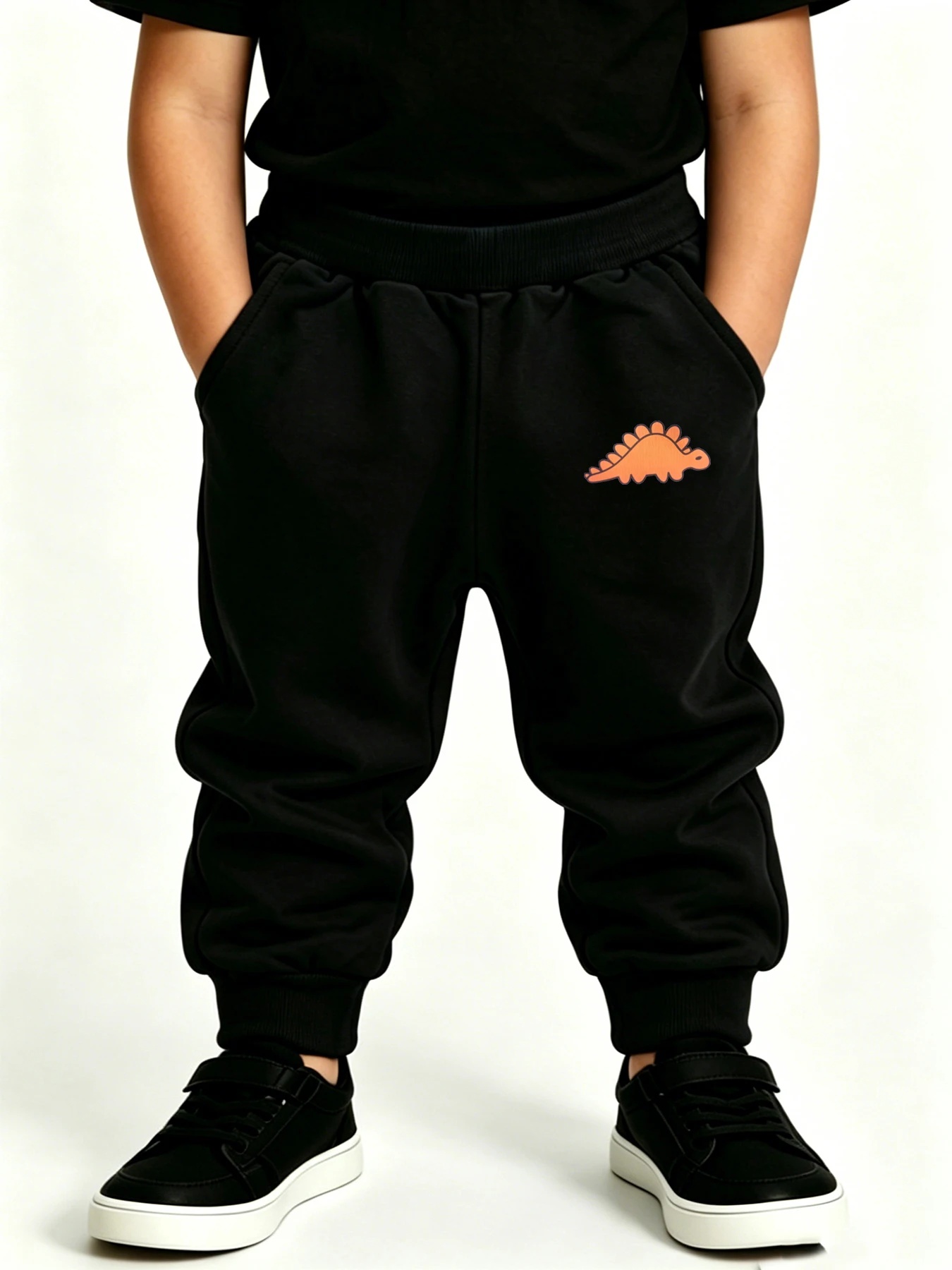 2PCS Black & Gray Children's Pants Boys Girls Casual Dinosaur Print Jogger Elastic Waist Sweatpants With Pockets Sports Trousers