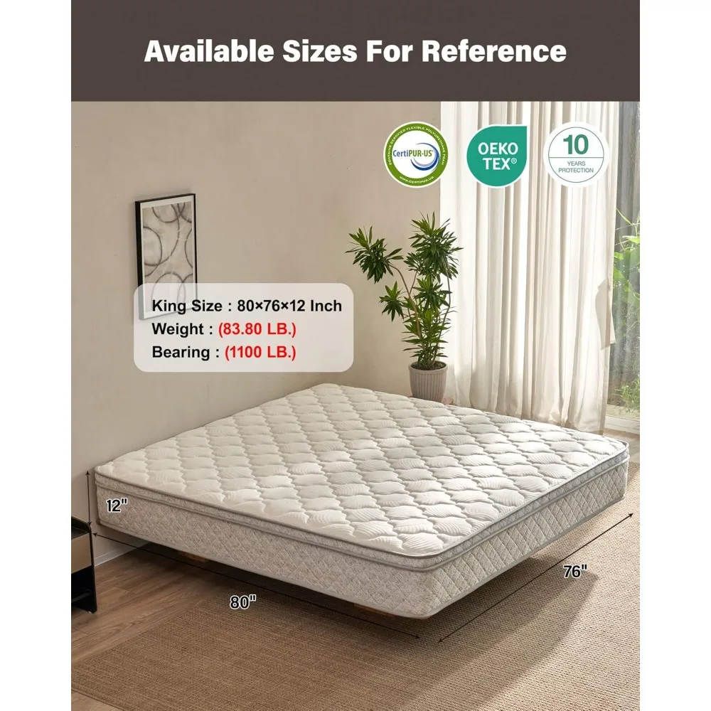 Materasso king size ibrido medio da 12 pollici in una scatola con molle insacchettate per alleviare la pressione e l'isolamento del movimento